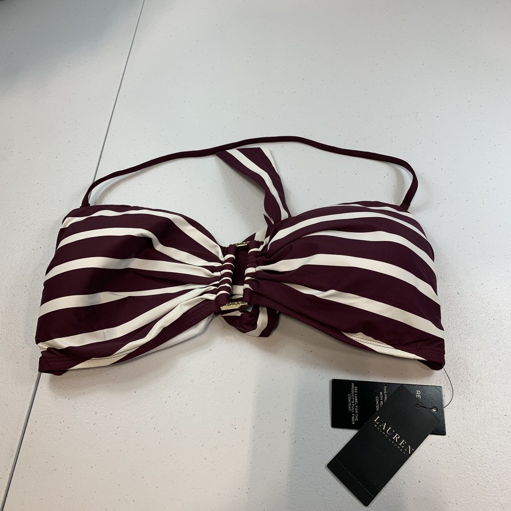 Lauren Ralph Lauren Women's Swim Bikini Top 16 Striped Ring Bandeau Claret White